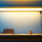 A photograph of a well-lit workspace featuring a t5 fluorescent light fixture installed above a contractor's workbench