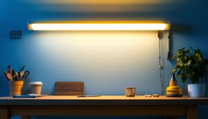 A photograph of a well-lit workspace featuring a t5 fluorescent light fixture installed above a contractor's workbench