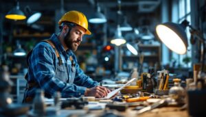 A photograph of a professional lighting contractor examining various types of lighting fixtures in a well-lit workspace