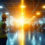 A photograph of a lighting contractor demonstrating the process of converting metal halide fixtures to led