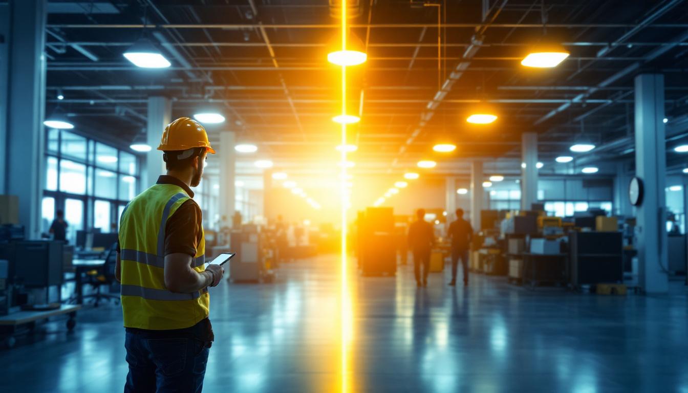 A photograph of a lighting contractor demonstrating the process of converting metal halide fixtures to led