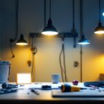 A photograph of a well-lit workspace showcasing a lighting installation project in progress