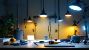A photograph of a well-lit workspace showcasing a lighting installation project in progress