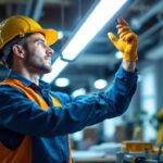 A photograph of a lighting contractor installing a 32-watt fluorescent tube in a commercial space
