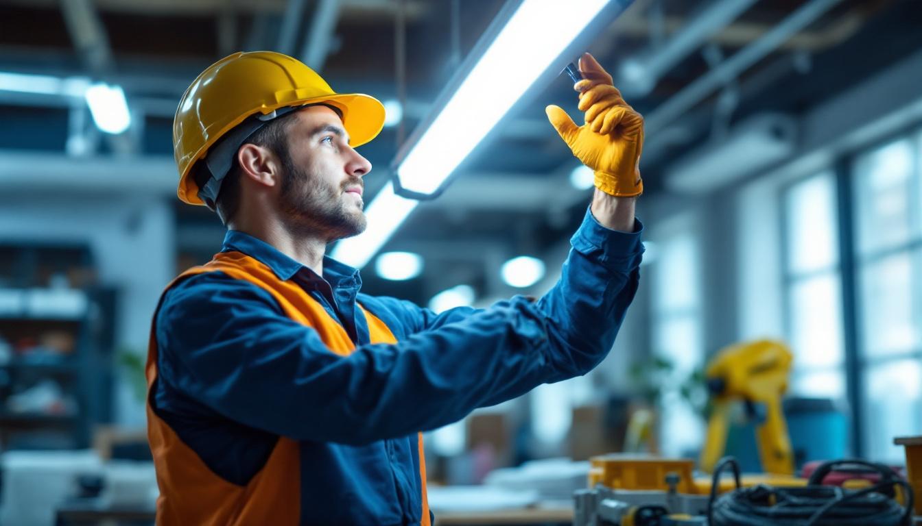 A photograph of a lighting contractor installing a 32-watt fluorescent tube in a commercial space