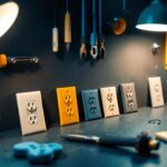A photograph of a well-lit workspace featuring a variety of cover plates for electrical outlets