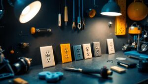 A photograph of a well-lit workspace featuring a variety of cover plates for electrical outlets