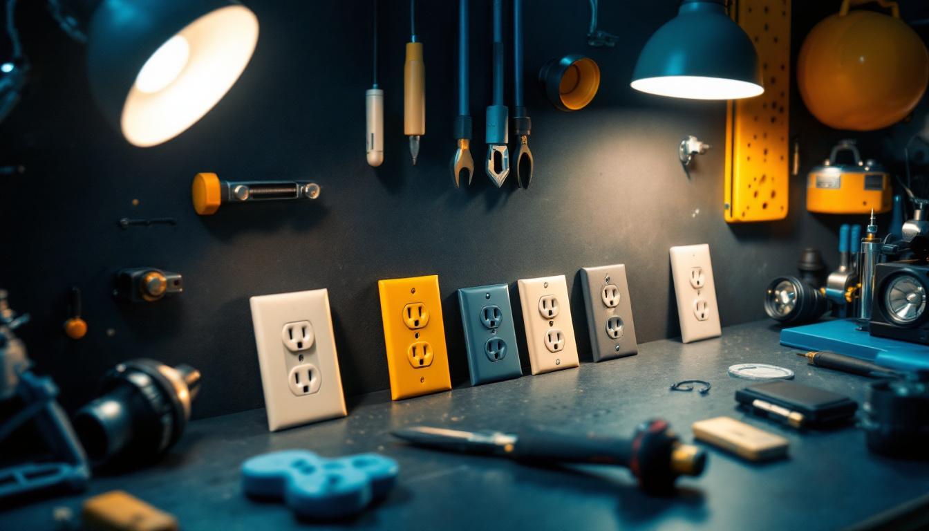 A photograph of a well-lit workspace featuring a variety of cover plates for electrical outlets