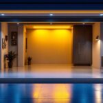A photograph of a modern garage illuminated with a variety of innovative lighting solutions