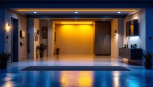 A photograph of a modern garage illuminated with a variety of innovative lighting solutions