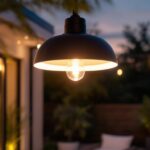 A photograph of a beautifully designed outdoor ceiling light installed in a stylish patio or garden setting