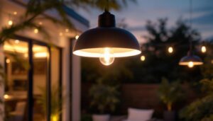 A photograph of a beautifully designed outdoor ceiling light installed in a stylish patio or garden setting
