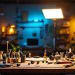 A photograph of a well-lit workspace showcasing various lighting fixtures and tools used by lighting contractors