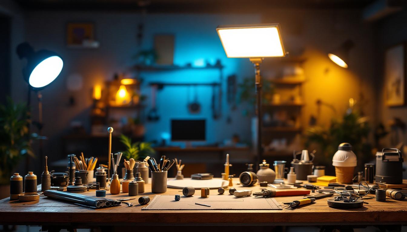 A photograph of a well-lit workspace showcasing various lighting fixtures and tools used by lighting contractors