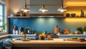 A photograph of a beautifully designed kitchen featuring elegant over-the-stove light fixtures that enhance the space's ambiance