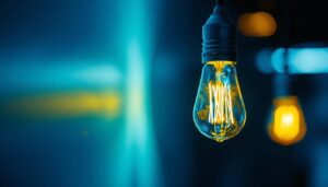 A photograph of a close-up of a flickering fluorescent light bulb in a dimly lit room