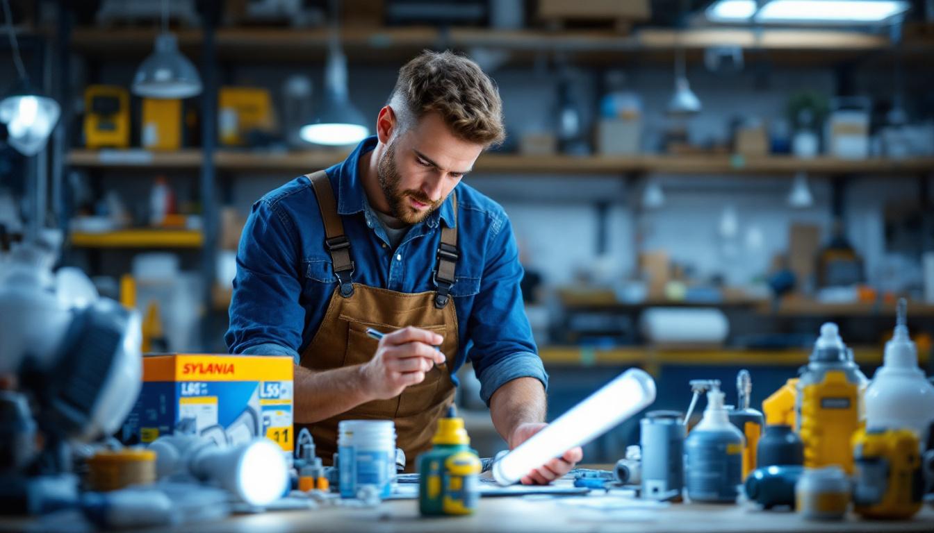 A photograph of a lighting contractor examining a variety of sylvania lighting products alongside alternative brands in a well-lit workspace