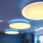 A photograph of a beautifully designed ceiling featuring modern surface lights in an aesthetically pleasing room
