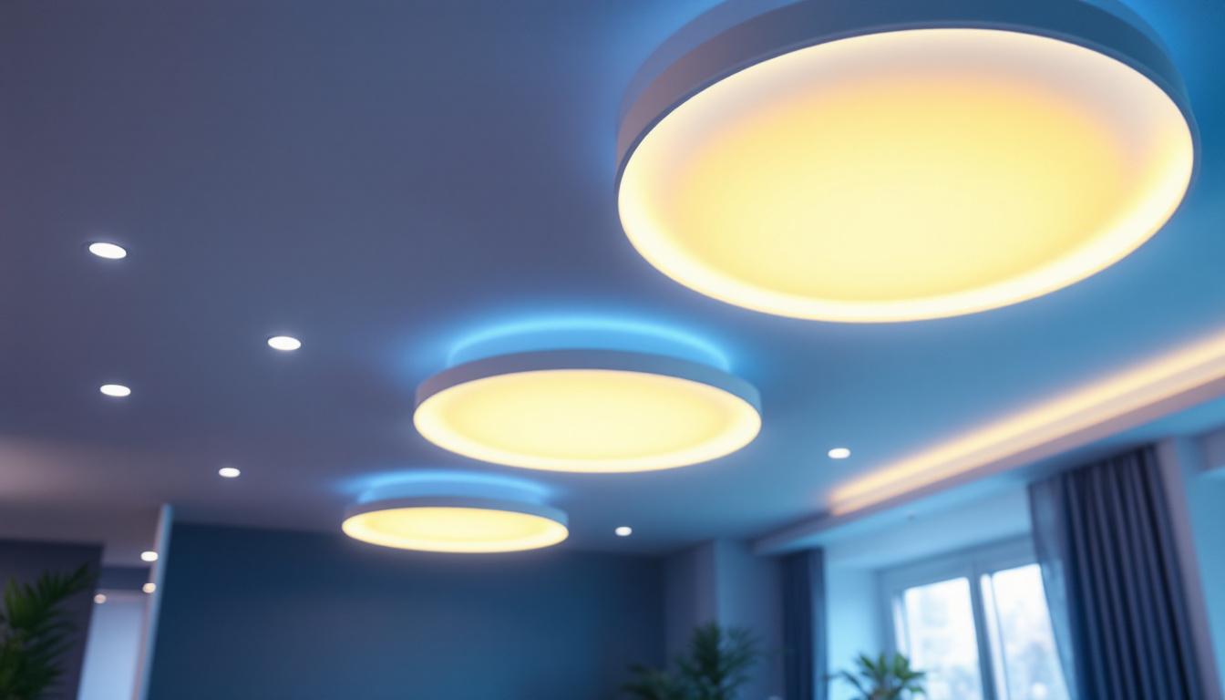 A photograph of a beautifully designed ceiling featuring modern surface lights in an aesthetically pleasing room