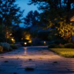 A photograph of a well-lit outdoor space featuring home depot solar-powered flood lights in use