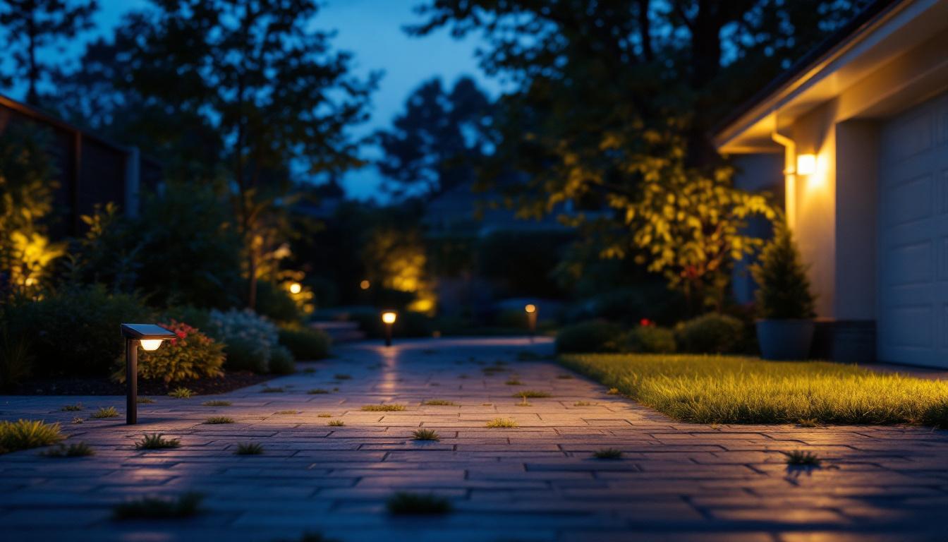 A photograph of a well-lit outdoor space featuring home depot solar-powered flood lights in use