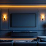 A photograph of a beautifully designed home theatre featuring elegant wall sconces that enhance the ambiance