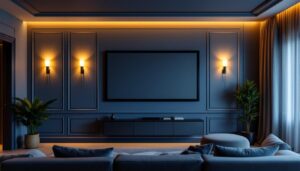 A photograph of a beautifully designed home theatre featuring elegant wall sconces that enhance the ambiance