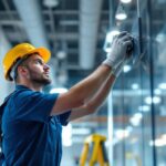 A photograph of a skilled technician expertly installing high-quality lighting fixtures in a modern commercial space