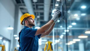A photograph of a skilled technician expertly installing high-quality lighting fixtures in a modern commercial space
