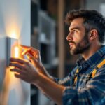 A photograph of a skilled lighting contractor demonstrating the installation of a light push button switch in a modern home setting