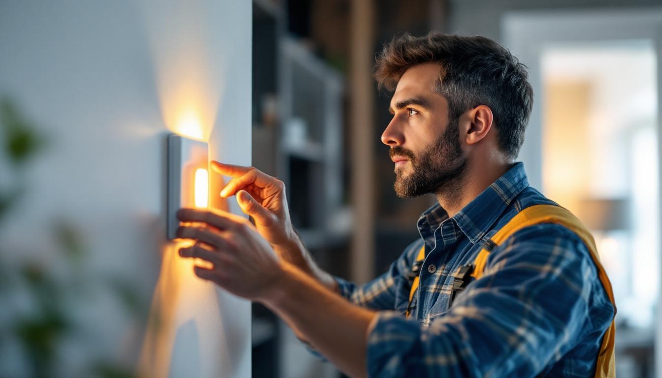 A photograph of a skilled lighting contractor demonstrating the installation of a light push button switch in a modern home setting