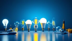 A photograph of a variety of led light bulb shapes displayed together on a clean