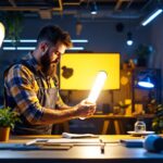 A photograph of a well-lit workspace featuring a professional lighting contractor installing or showcasing a sleek led cylinder light