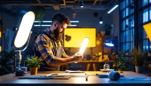 A photograph of a well-lit workspace featuring a professional lighting contractor installing or showcasing a sleek led cylinder light