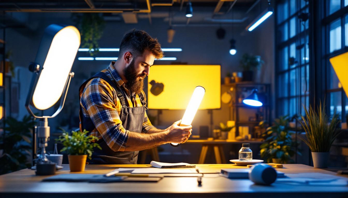 A photograph of a well-lit workspace featuring a professional lighting contractor installing or showcasing a sleek led cylinder light