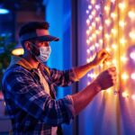 A photograph of a lighting contractor installing or showcasing rgbww led lights in a modern setting