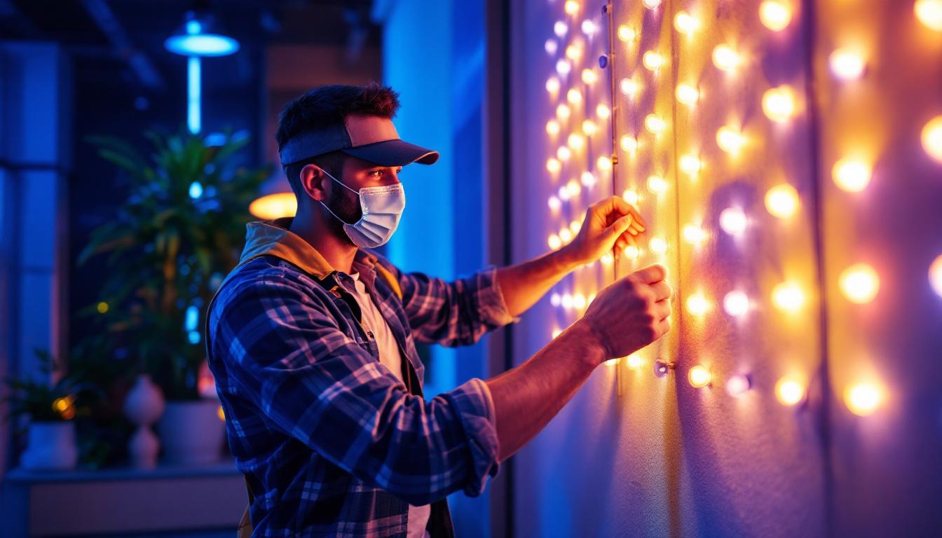 A photograph of a lighting contractor installing or showcasing rgbww led lights in a modern setting