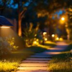 A photograph of a beautifully illuminated outdoor landscape featuring solar-powered flood lights in action