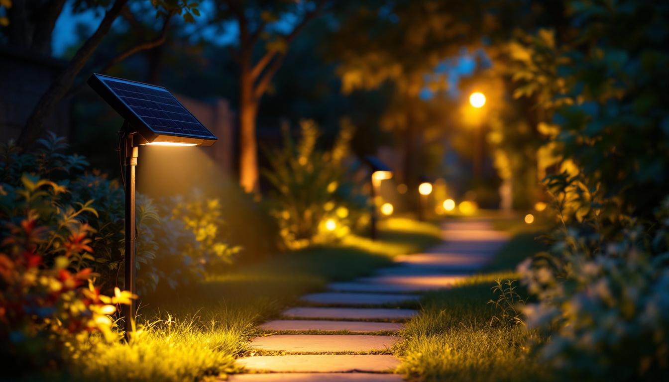 A photograph of a beautifully illuminated outdoor landscape featuring solar-powered flood lights in action