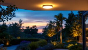 A photograph of a sleek outdoor motion sensor ceiling light installed in a beautifully landscaped setting during dusk