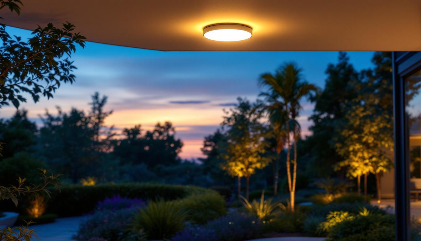 A photograph of a sleek outdoor motion sensor ceiling light installed in a beautifully landscaped setting during dusk