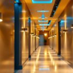 A photograph of a well-lit hallway featuring stylish led light fixtures