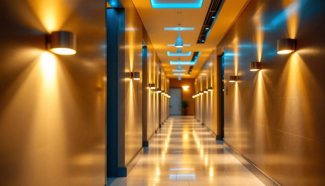 A photograph of a well-lit hallway featuring stylish led light fixtures