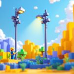 A photograph of a well-constructed minecraft light pole in a vibrant