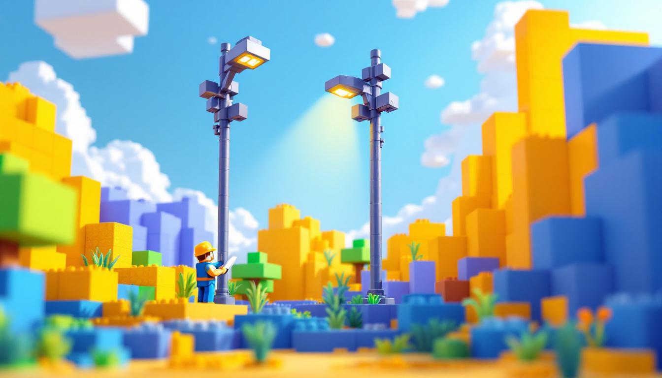 A photograph of a well-constructed minecraft light pole in a vibrant