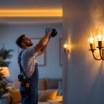 A photograph of a skilled lighting contractor installing an elegant indoor wall light fixture in a beautifully designed living space