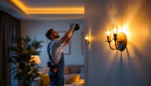 A photograph of a skilled lighting contractor installing an elegant indoor wall light fixture in a beautifully designed living space