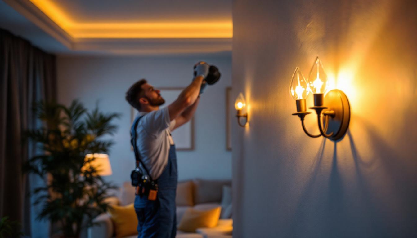 A photograph of a skilled lighting contractor installing an elegant indoor wall light fixture in a beautifully designed living space