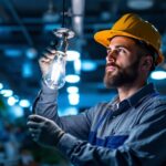 A photograph of a lighting contractor installing or showcasing a 277-volt incandescent lamp in a commercial setting