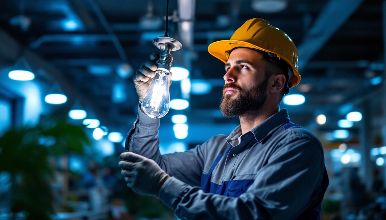 A photograph of a lighting contractor installing or showcasing a 277-volt incandescent lamp in a commercial setting